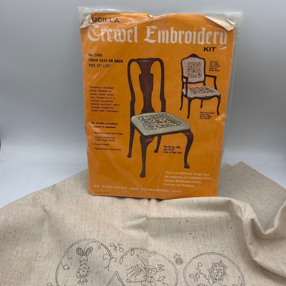 Bucilla Crewel Embroidery Kit Unisex 27x27 Ecru Jacobean Florence Peto 1566